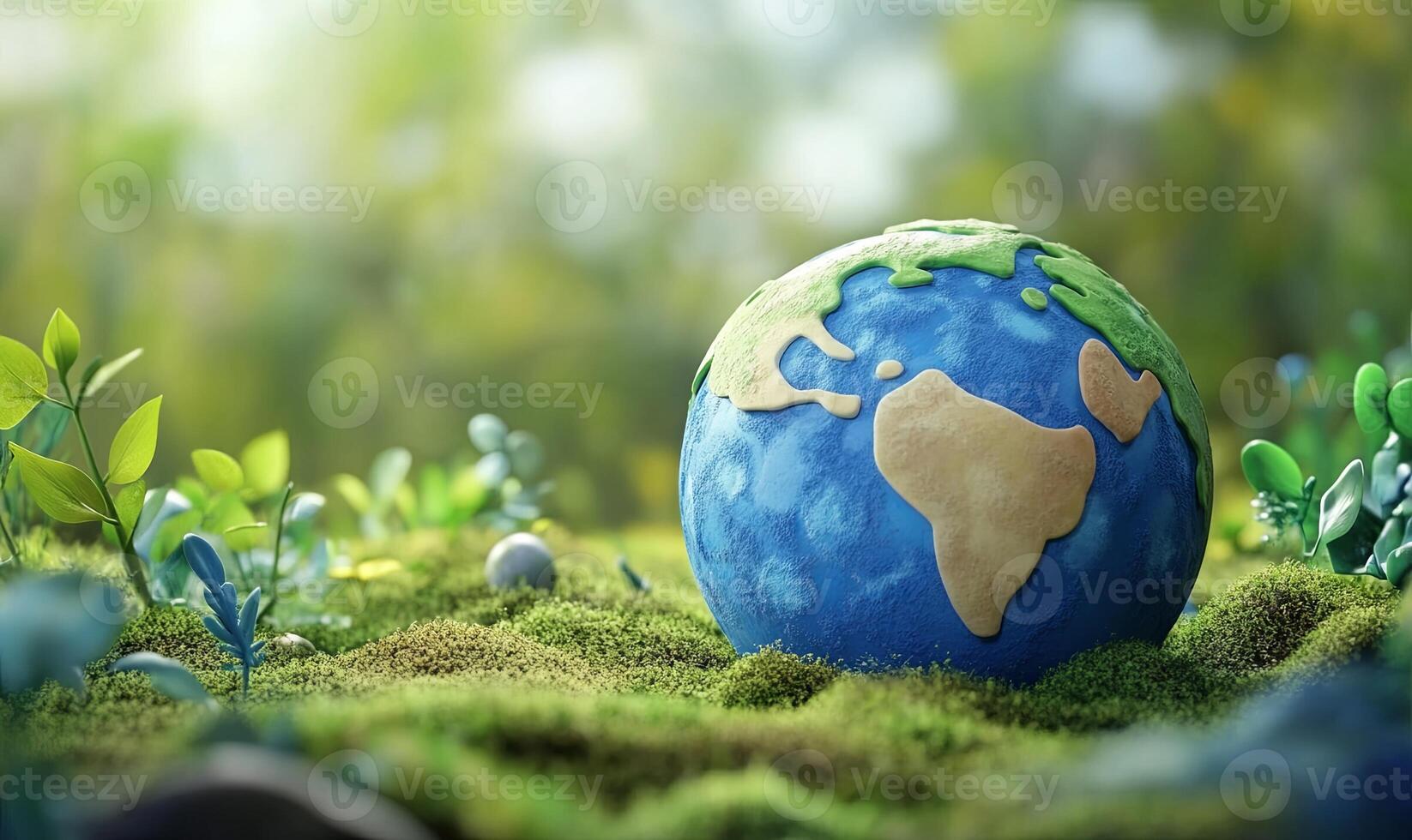 A clay model of the Earth sits on a bed of moss with green foliage surrounding it. photo