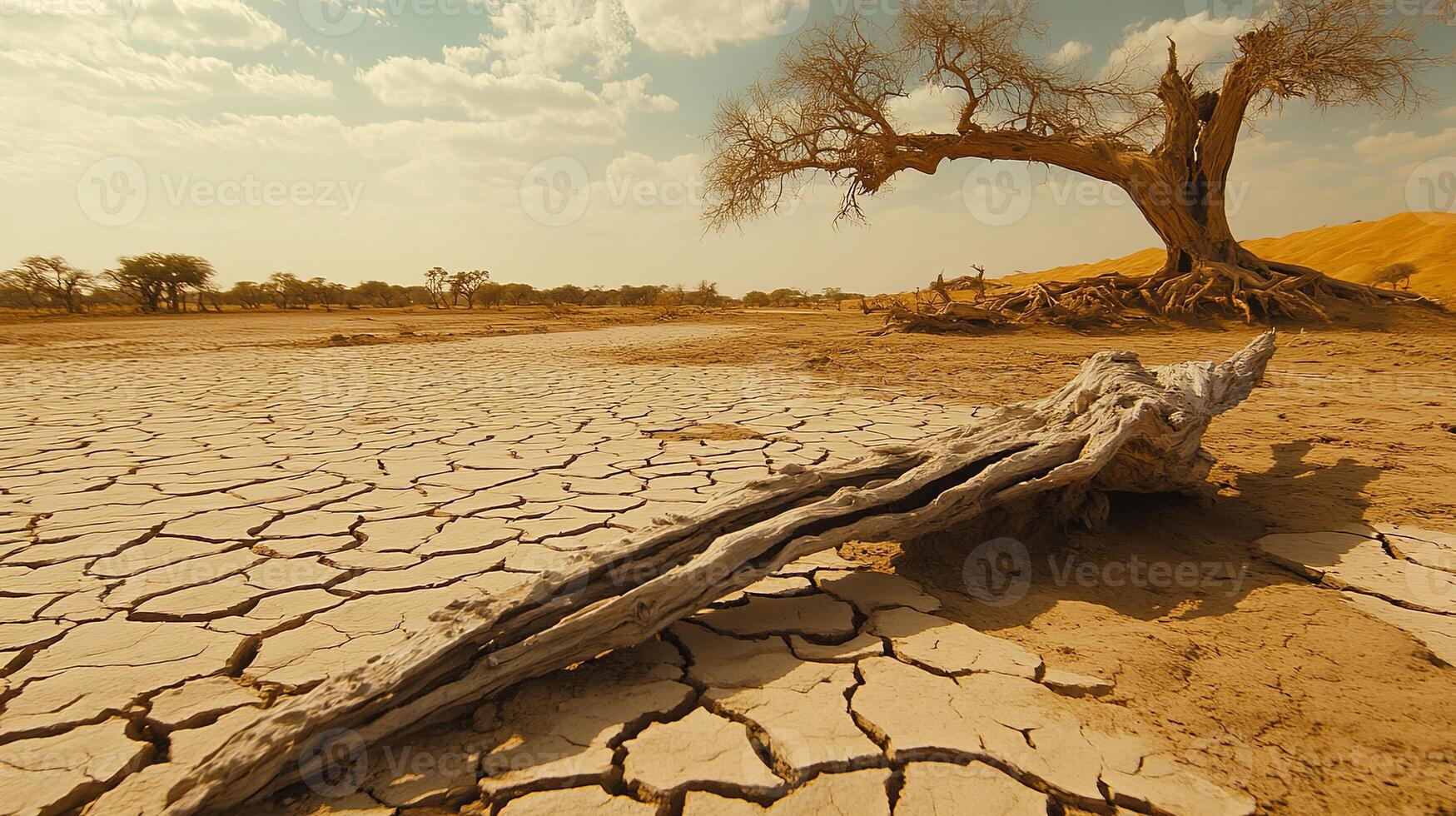 A weathered tree trunk lies on the cracked earth of a dry desert landscape, with a lone tree in the background. photo