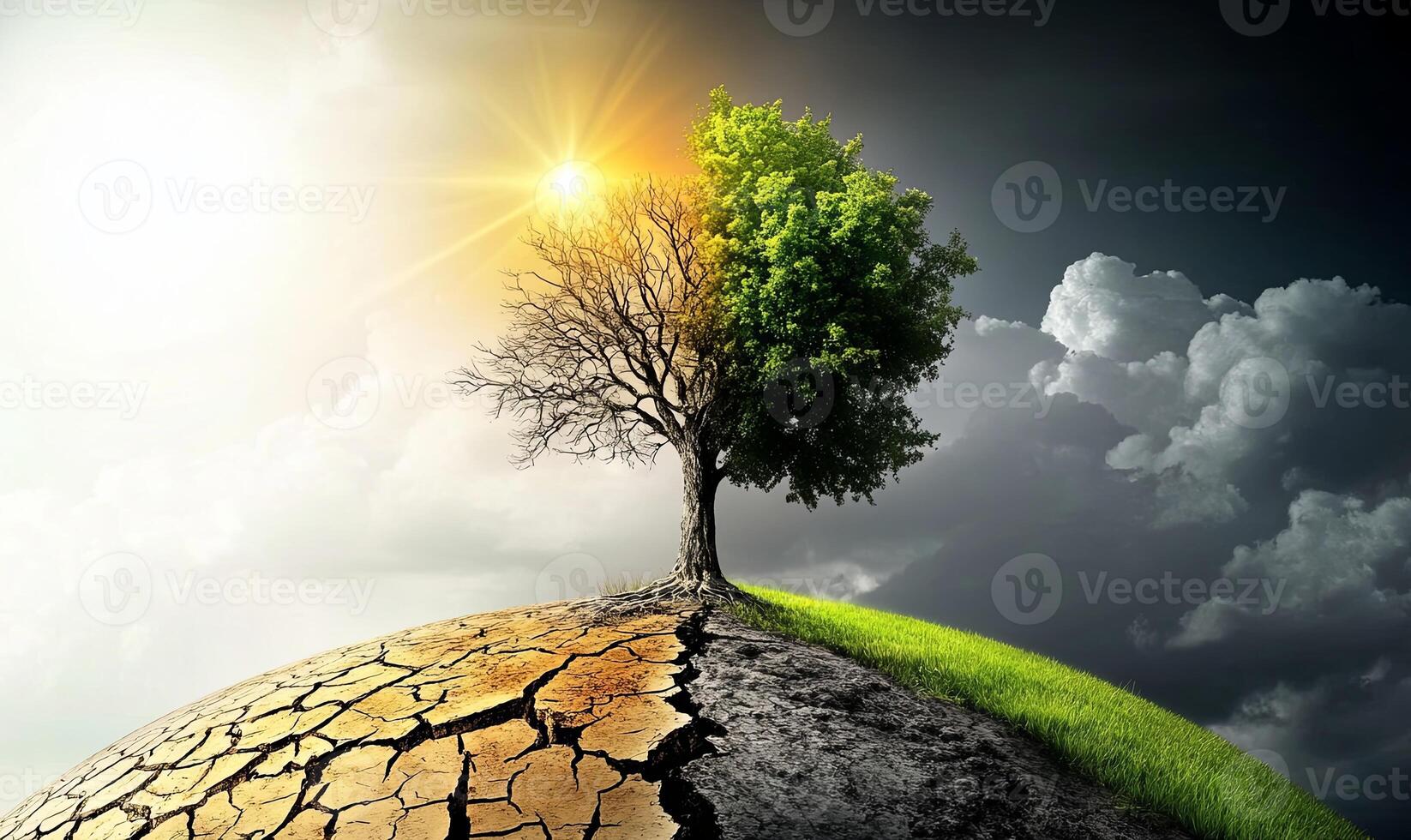 A tree with half its leaves vibrant and green, and the other half bare and brown, stands on a cracked and dry earth, symbolizing climate change and the contrasting impact it has on the planet. photo