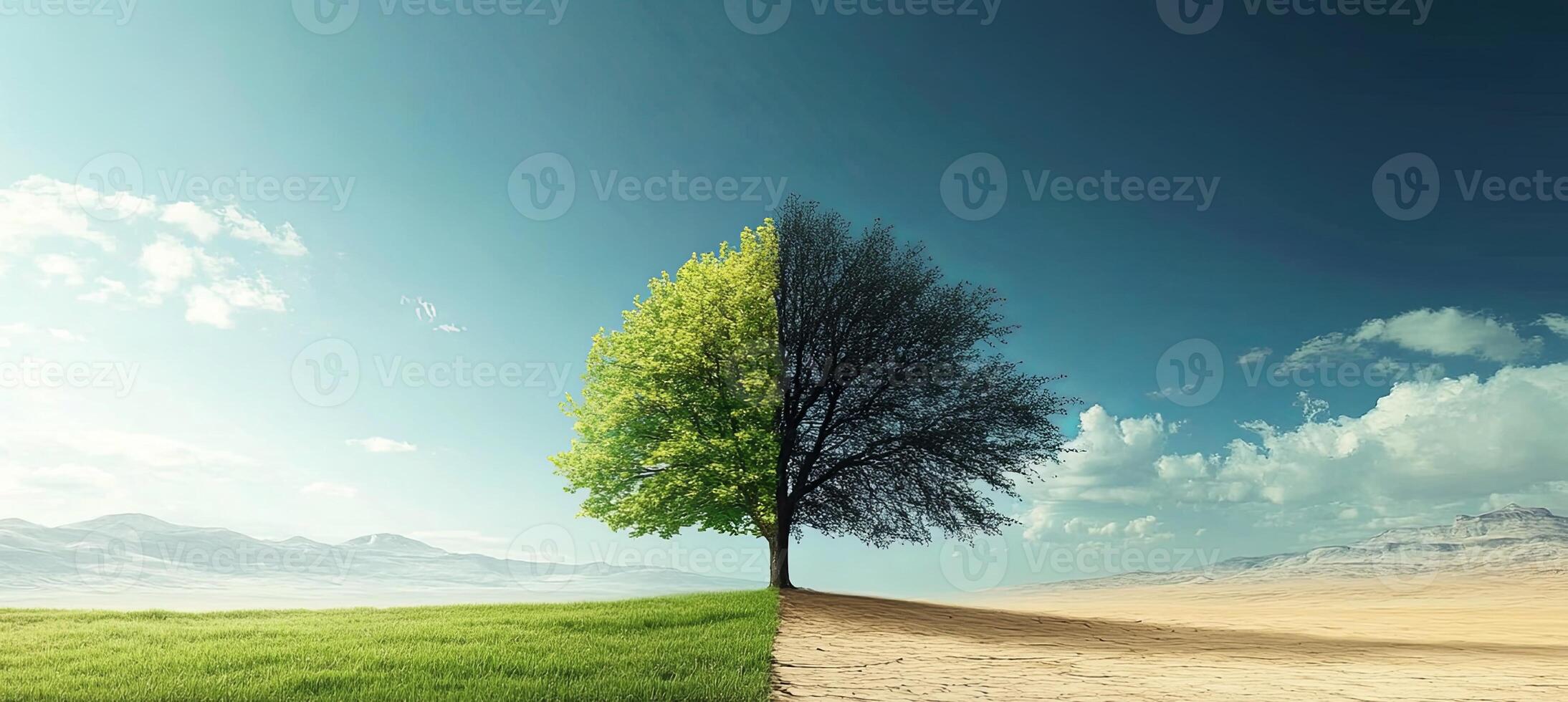 A single tree with lush green leaves on one side and bare branches on the other side, standing between a green meadow and a dry desert landscape under a blue sky with clouds. photo