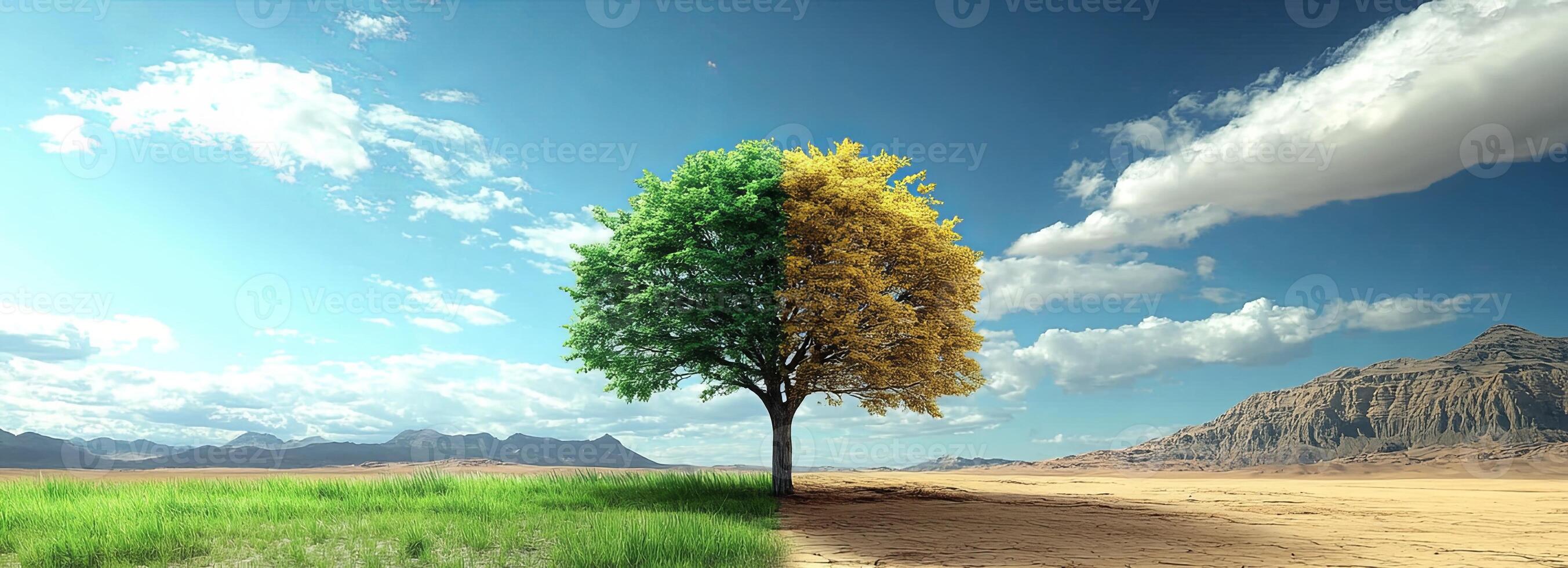 A single tree stands alone in a desert landscape, half of its leaves are green and the other half are yellow. The sky is blue with white clouds. photo