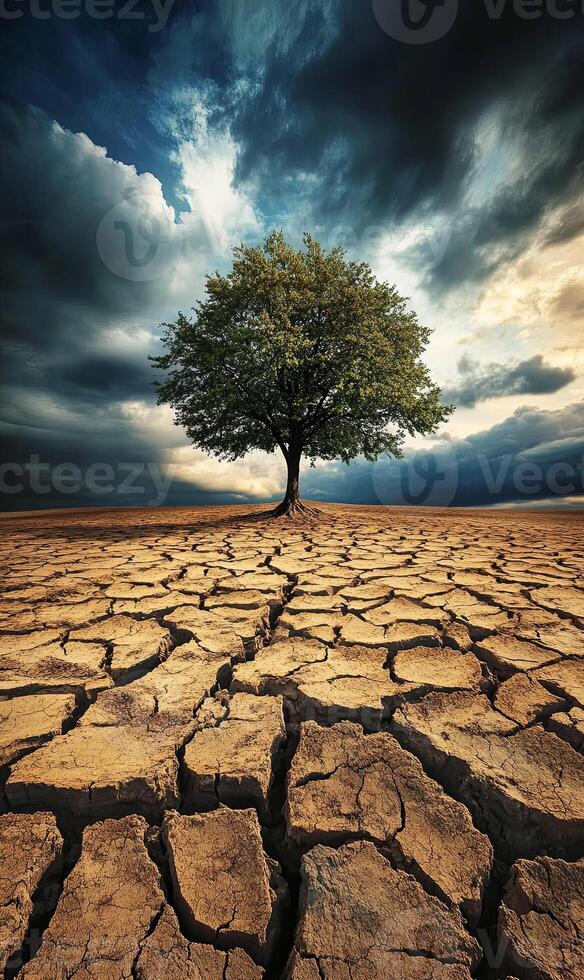 A single tree stands tall on a cracked, dry earth, symbolizing resilience in the face of drought. photo
