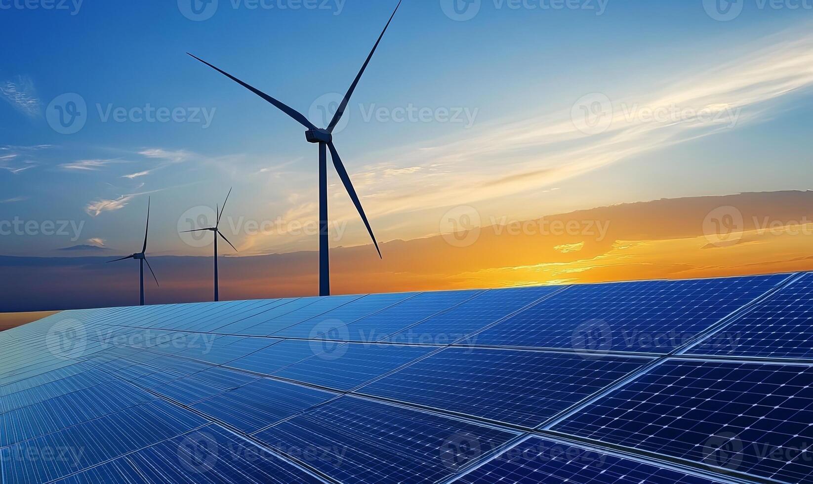 A field of solar panels at sunset with wind turbines in the background. photo