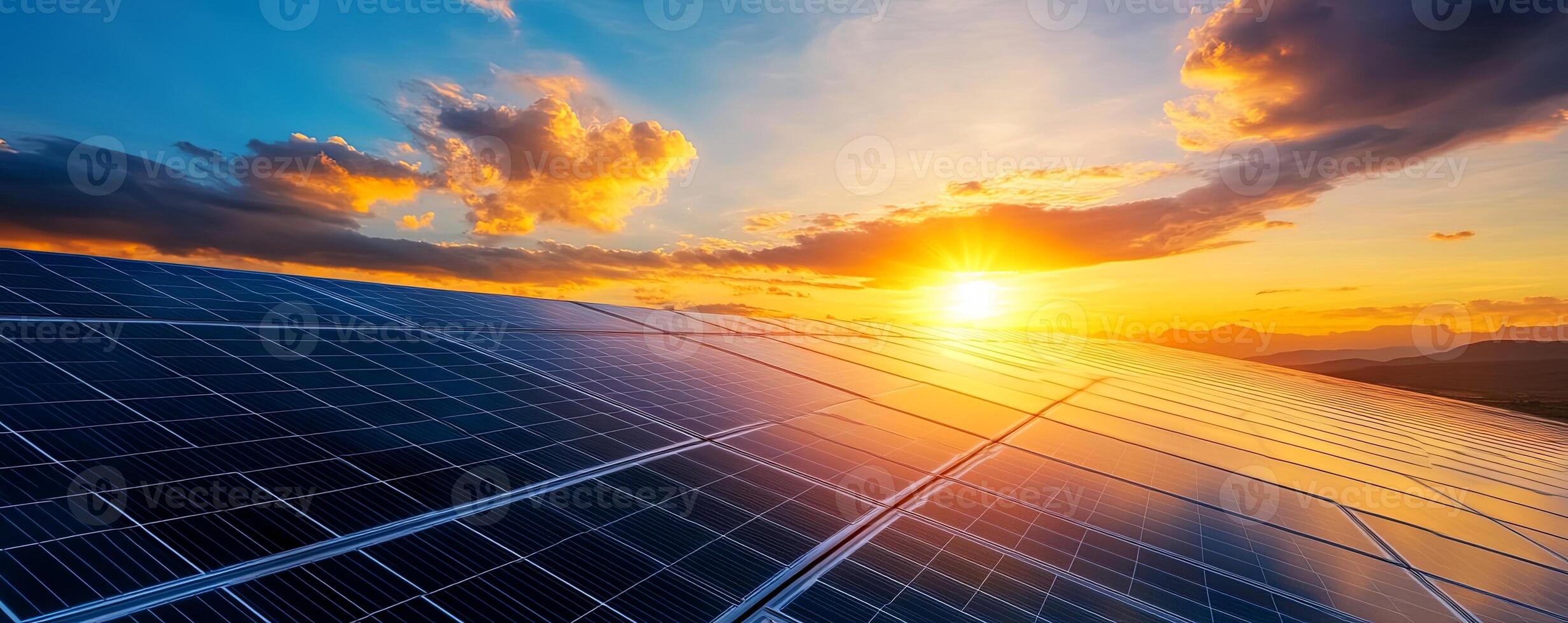 A vast field of solar panels captures the setting sun's rays, showcasing the power of renewable energy. photo