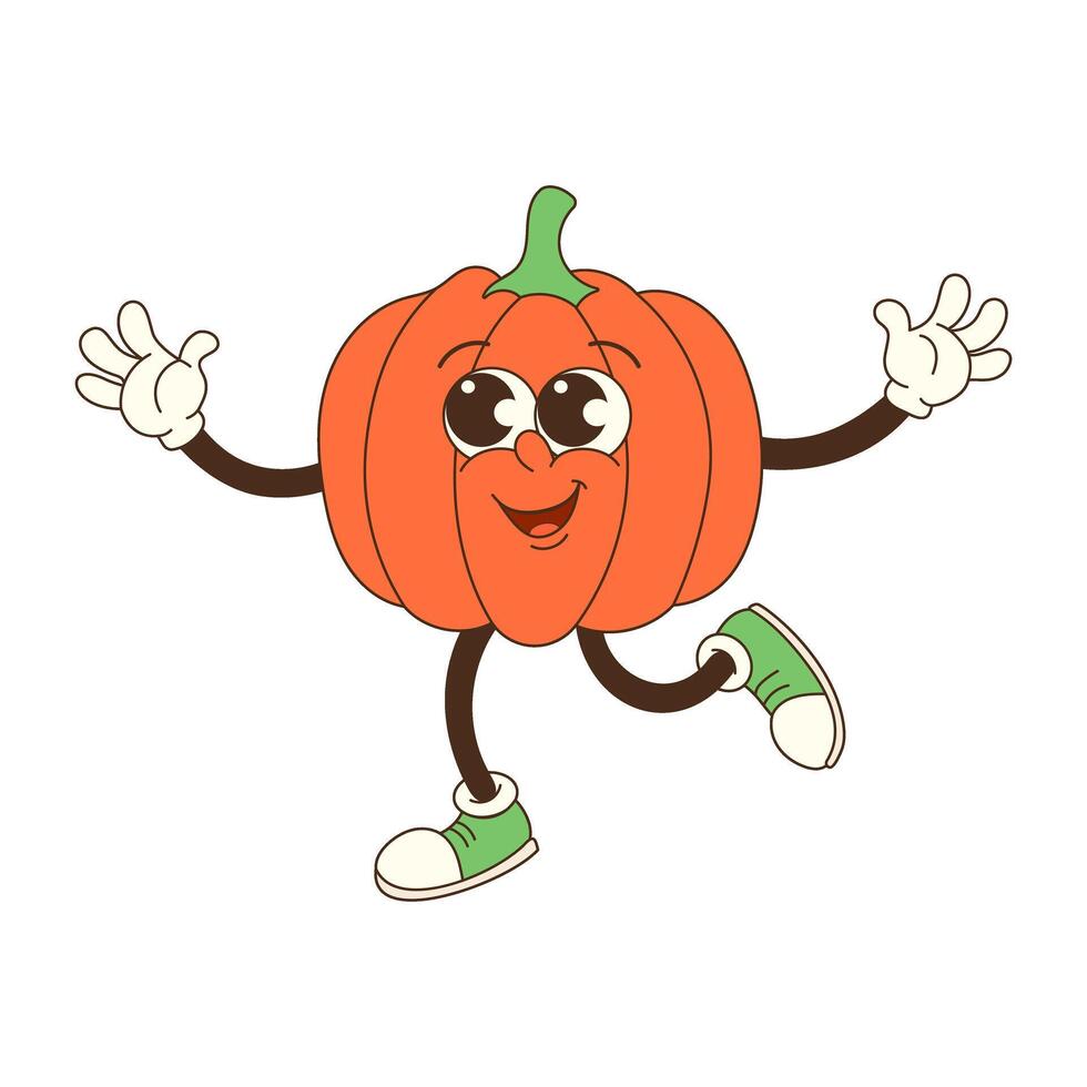 A cartoon pumpkin is dancing and smiling. The pumpkin is orange and has a green stem. The pumpkin is wearing green shoes and is wearing a white shirt vector