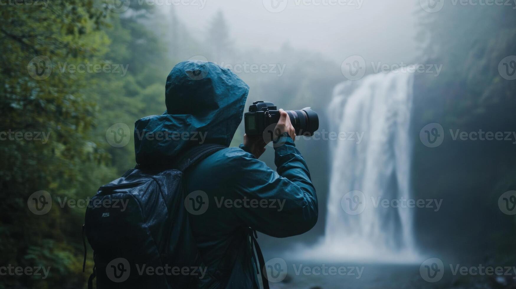 A traveler capturing the beauty of a waterfall with a camera on a misty morning photo
