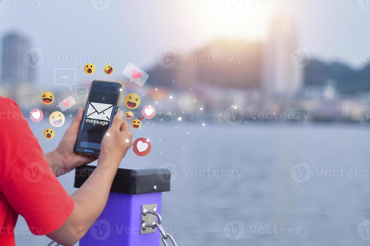 Social media and smartphone usage, holiday lifestyle and social media usage, online marketing, technology networking in global business. photo