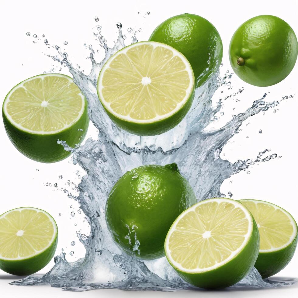 Limes Splashing into Water with a White Background photo