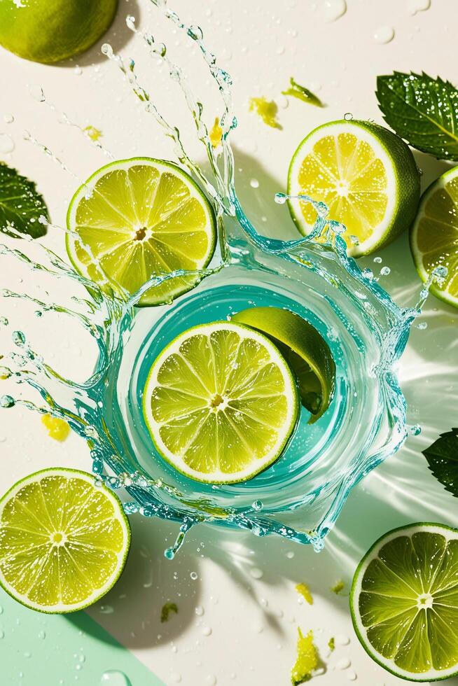 Fresh Lime Halves Splashing into Water photo