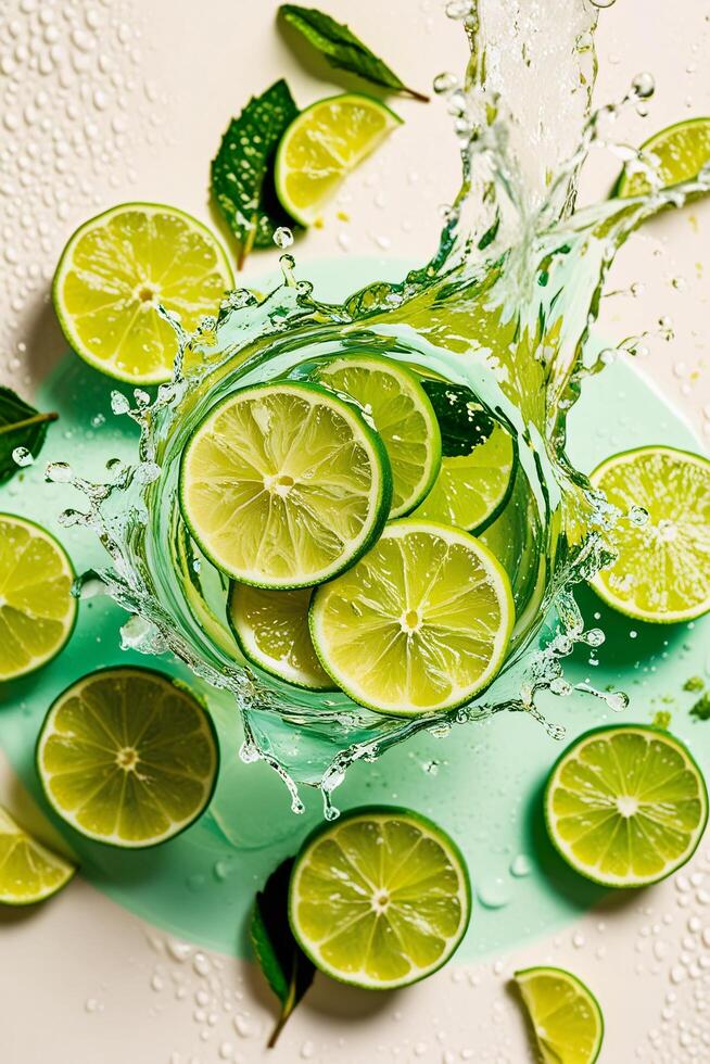 Fresh Lime Slices with Water Splash on a Light Background photo