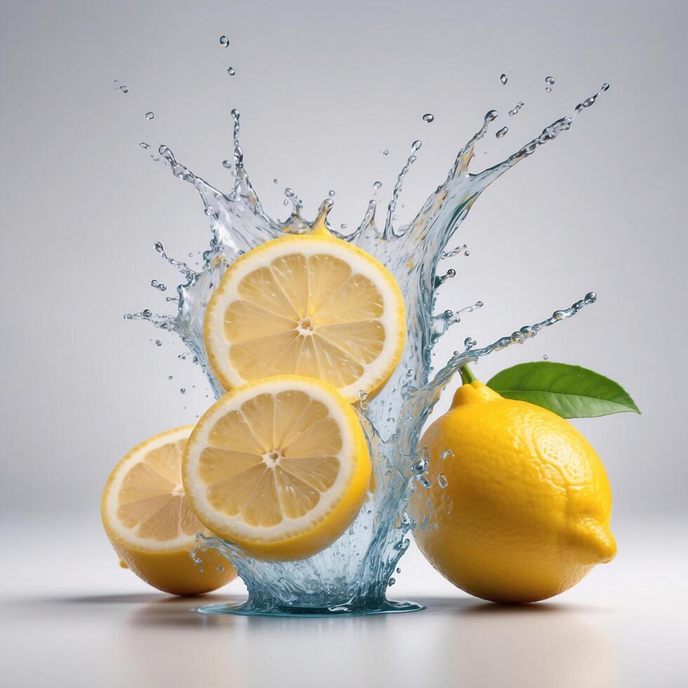 Lemons Splashing in Water with a Single Leaf photo