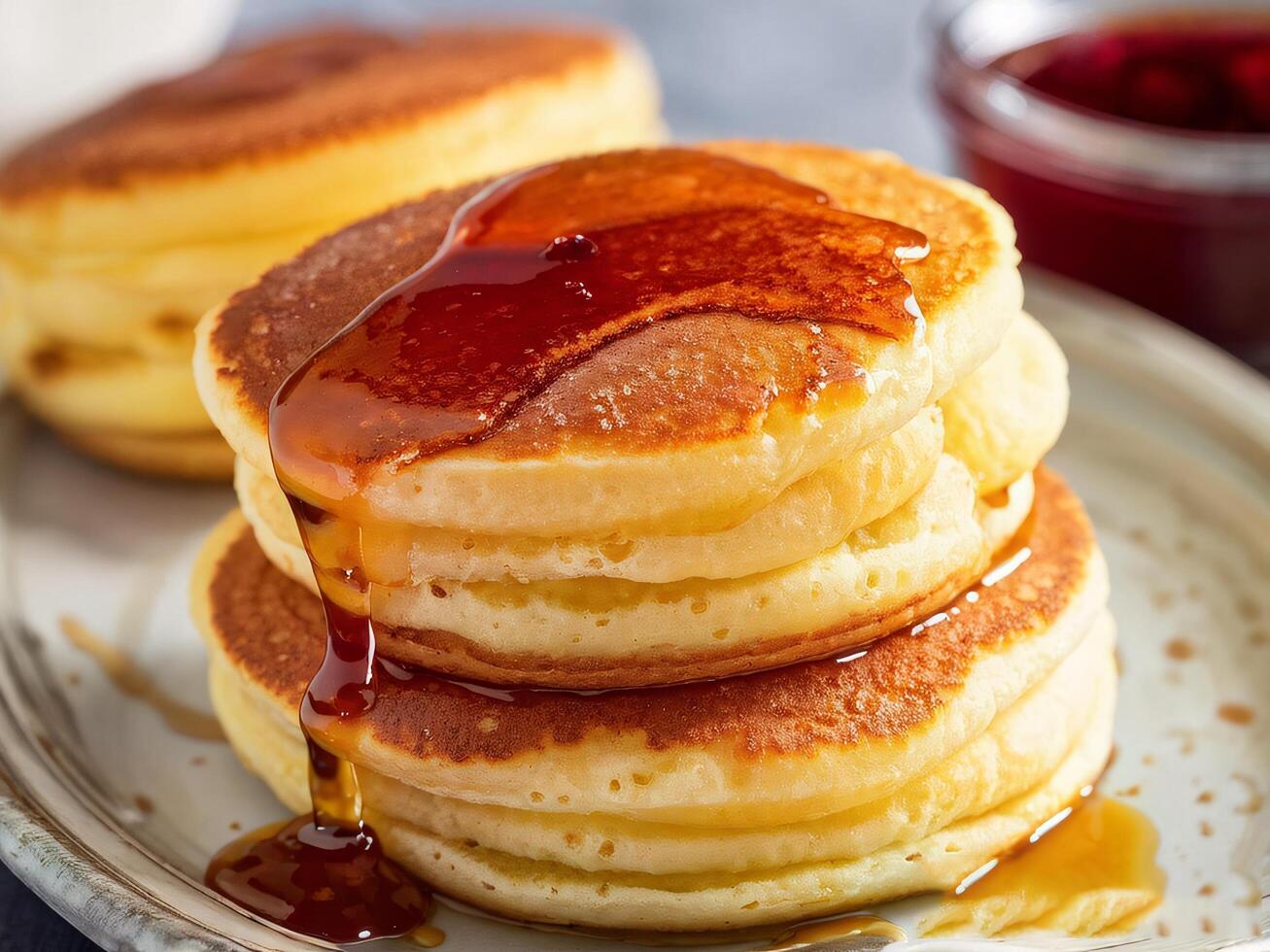 Stack of Fluffy Pancakes Drizzled with Syrup photo