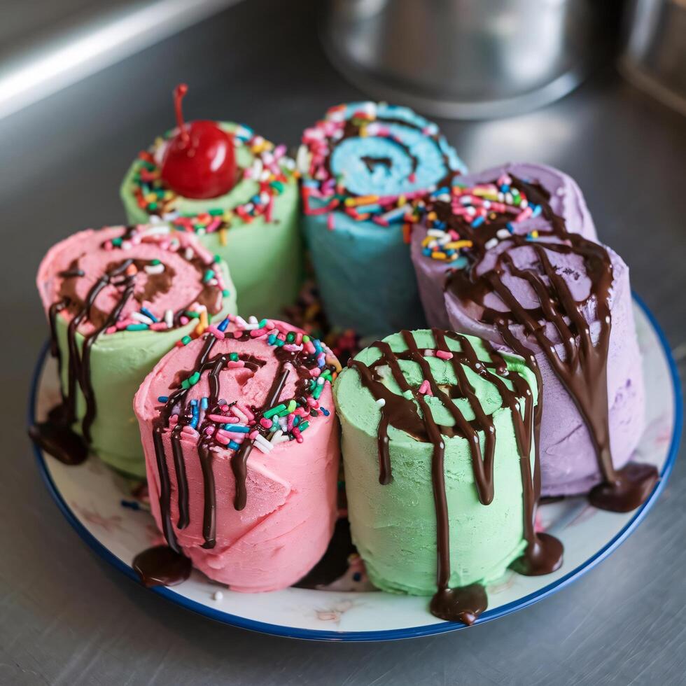 Colorful Ice Cream Rolls Drizzled with Chocolate on a Plate photo