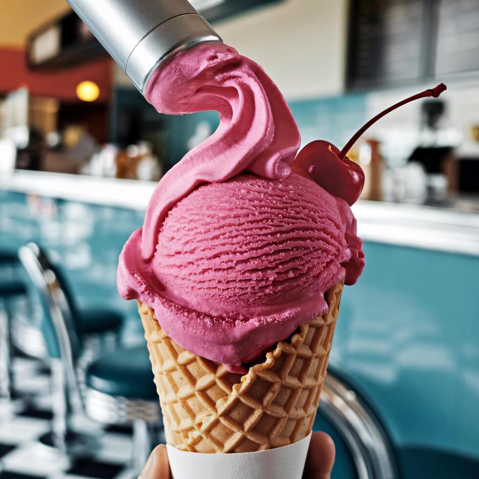 Pink Ice Cream Cone with a Cherry on Top photo