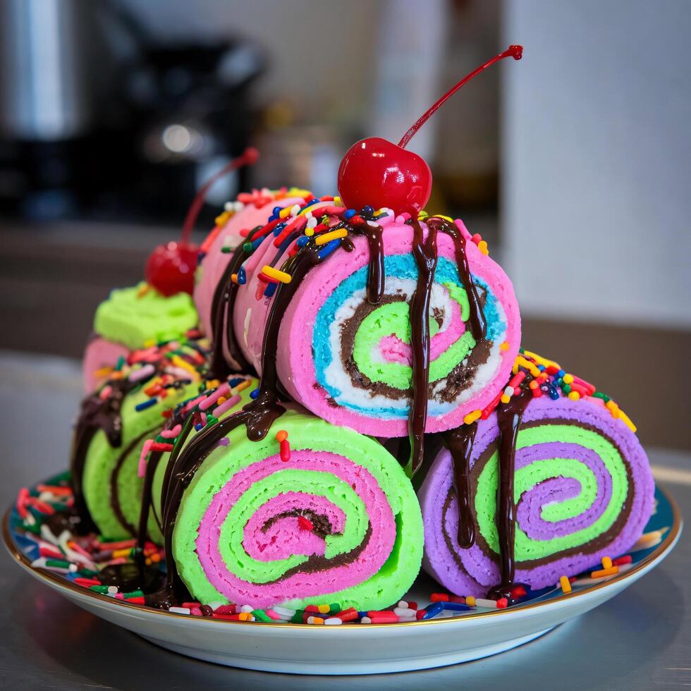 Colorful Cake Rolls with Chocolate Drizzle and Sprinkles photo