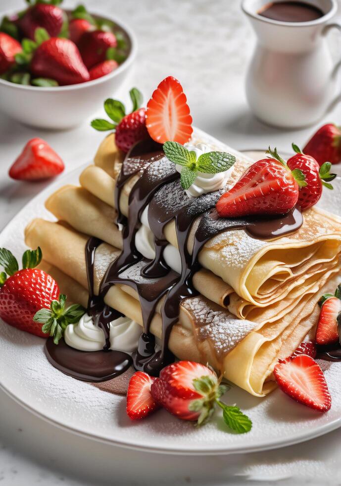 Chocolate-Covered Crepes with Whipped Cream and Fresh Strawberries photo