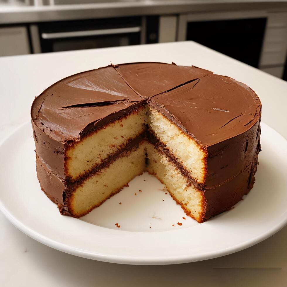 A Slice of Chocolate Frosted Cake on a White Plate photo