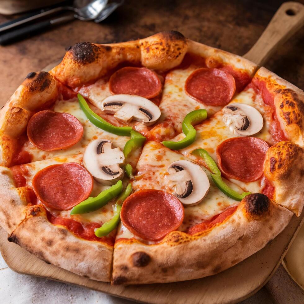 Close-up of a Pepperoni Pizza with Mushrooms and Green Peppers photo