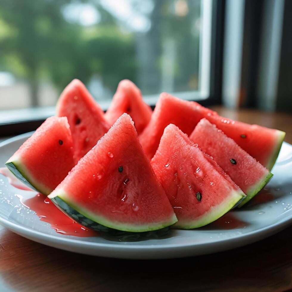 Watermelon Slices on a White Plate with Red Juice photo