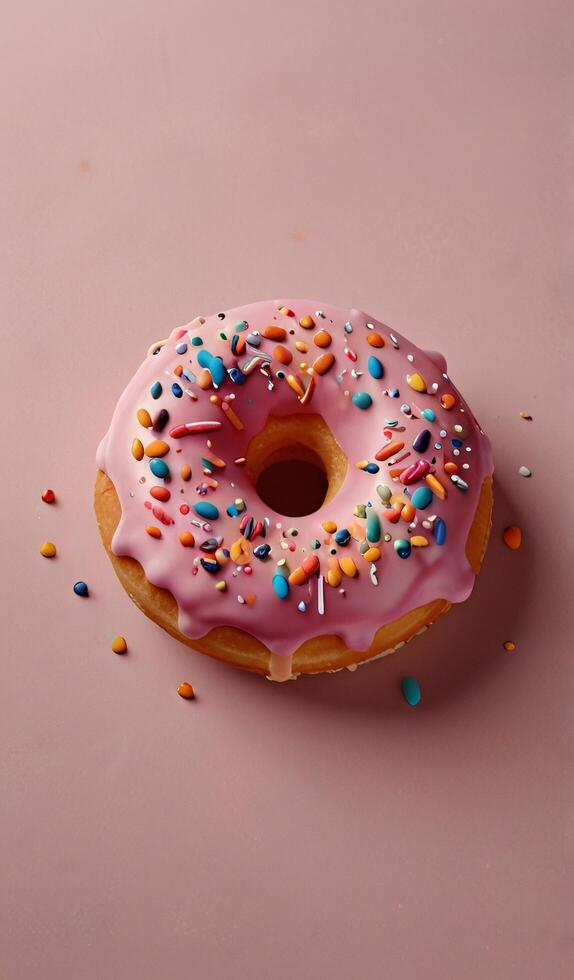 Pink Glazed Donut with Colorful Sprinkles on a Pink Background photo
