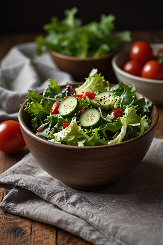 A wooden bowl filled with a fresh salad with cucumber, tomato and lettuce photo