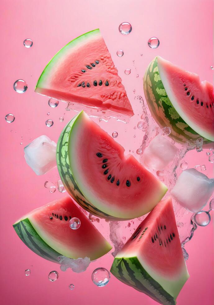 Watermelon Slices and Ice Cubes Suspended in Water on Pink Background photo