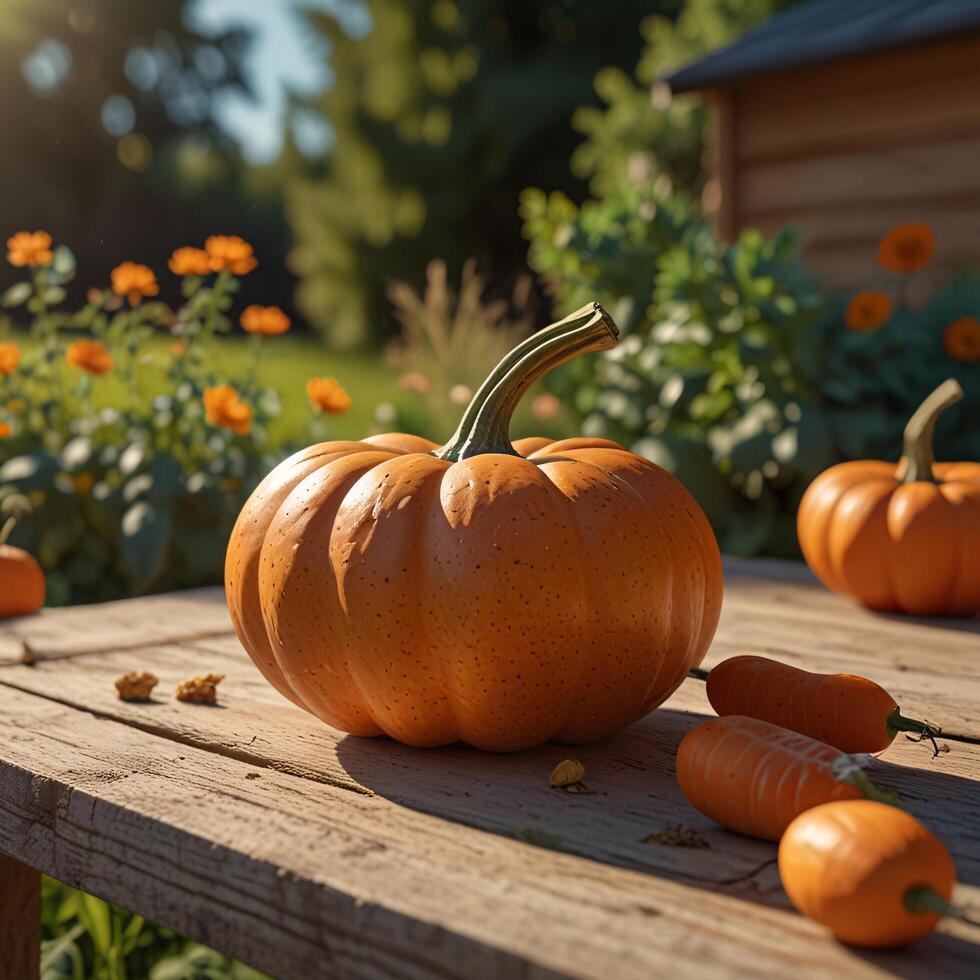 Pumpkins and gourds on a wooden table in a garden photo