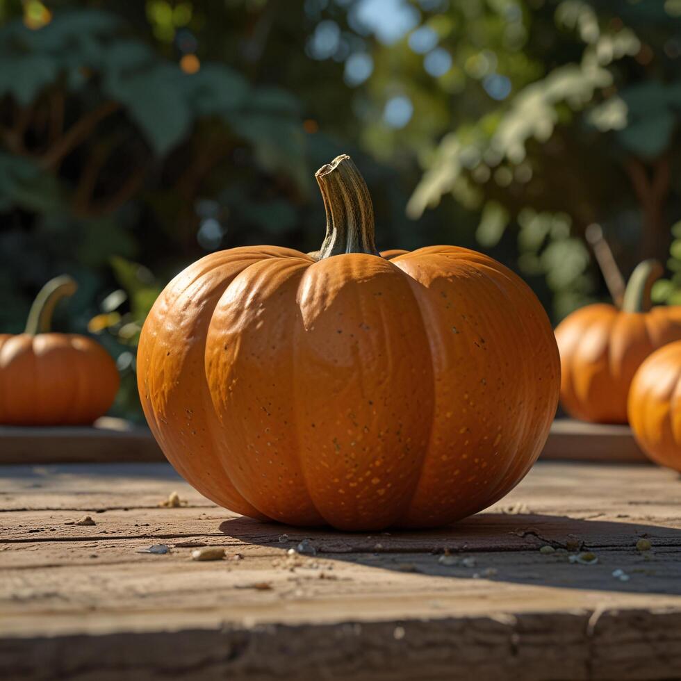 A Single Pumpkin Resting on a Wooden Surface photo