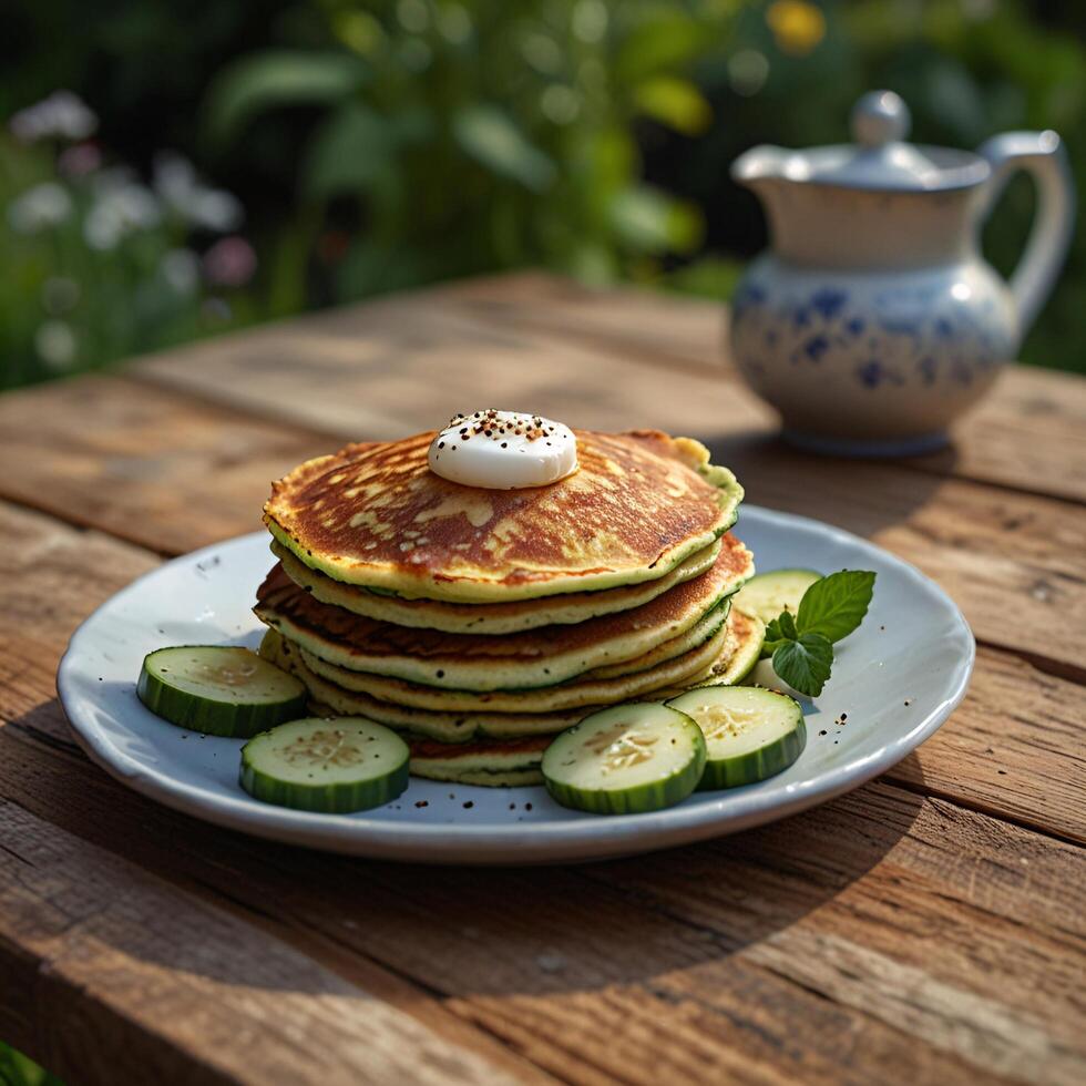 Zucchini Pancakes with Sour Cream and Cucumber Slices photo