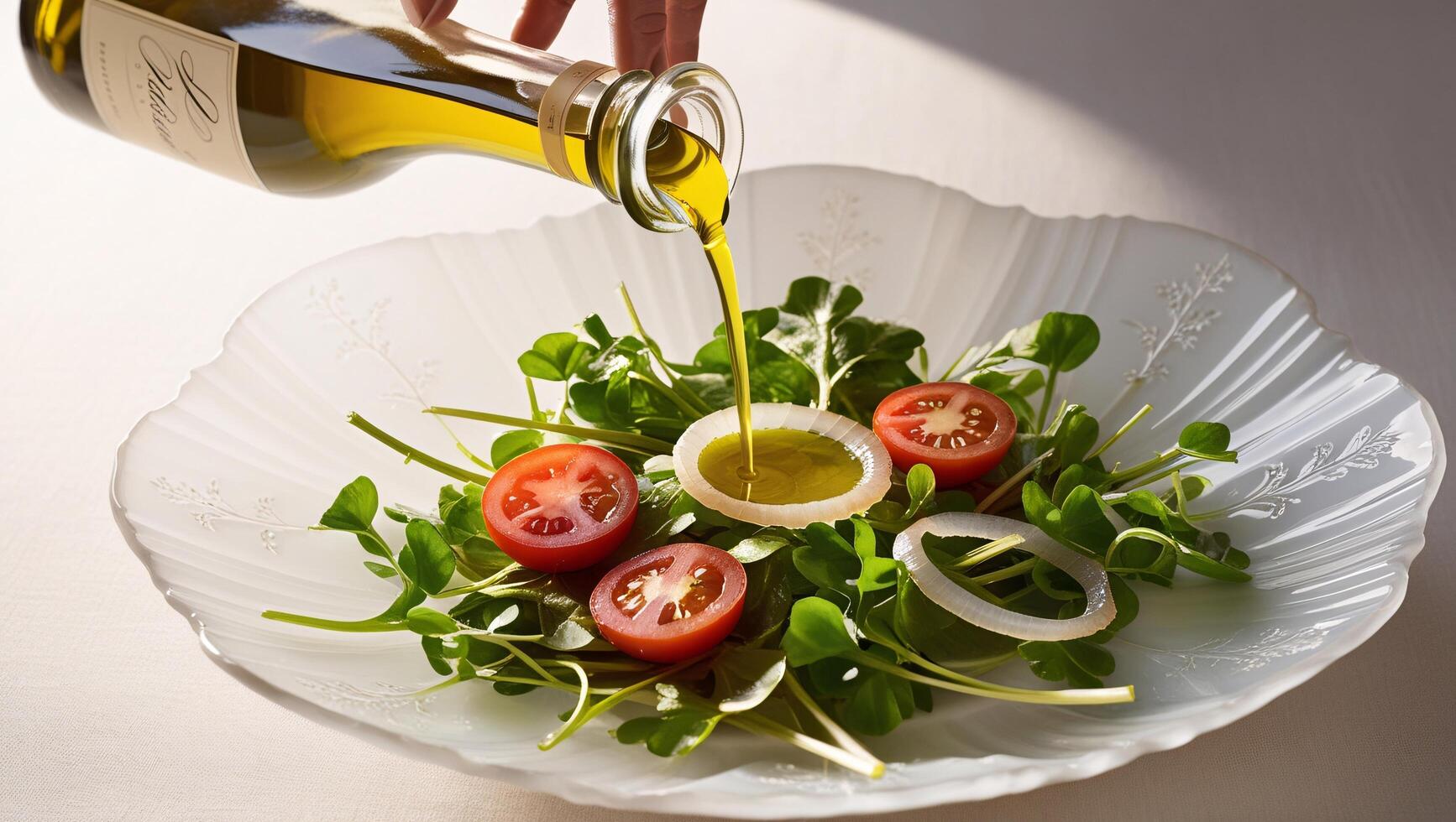 Olive Oil Drizzled on a Salad with Tomatoes and Onion Rings photo