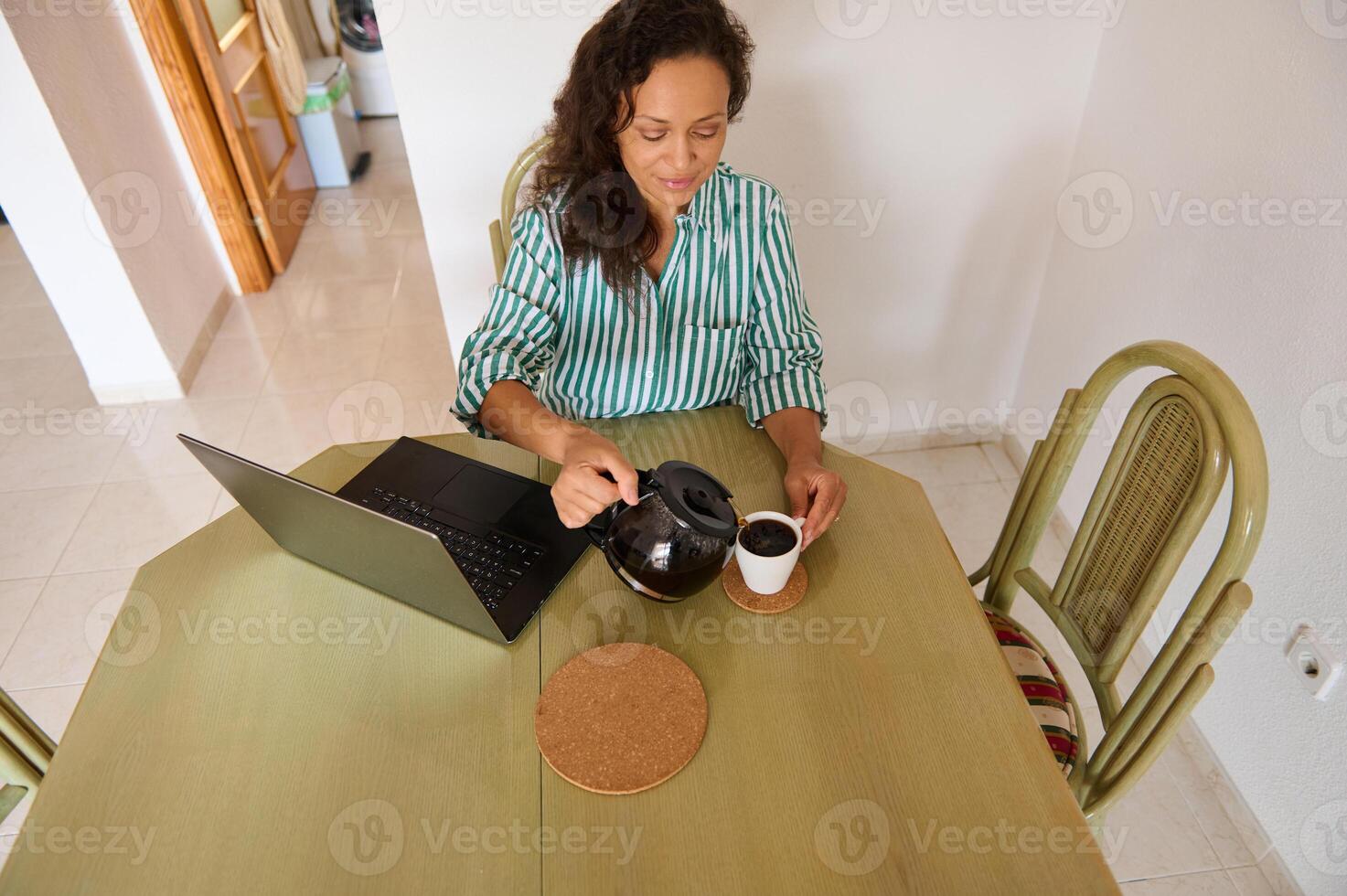 Woman enjoying coffee while working from home on laptop photo