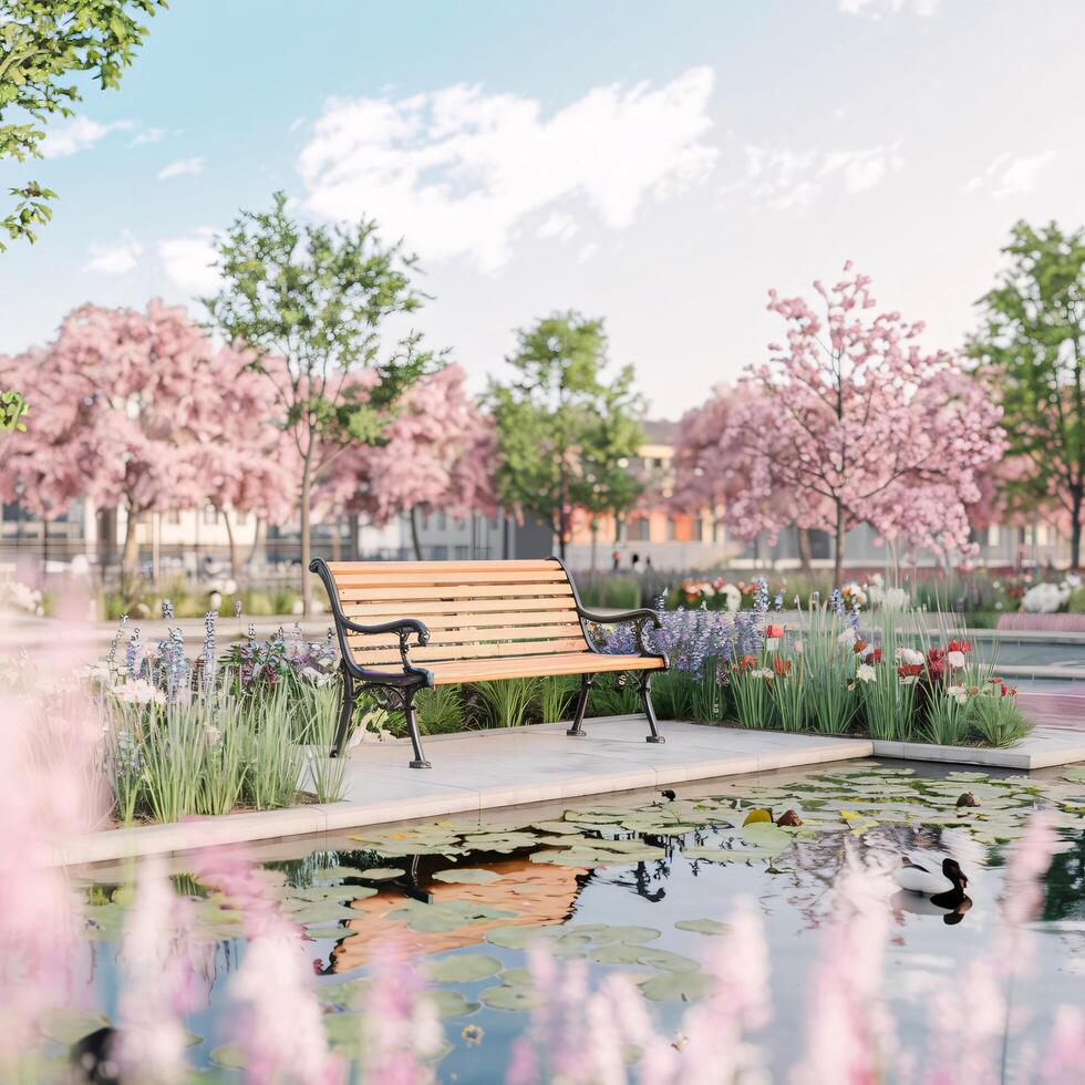 Wooden Bench in a Serene Garden with a Pond and Blossoming Trees photo