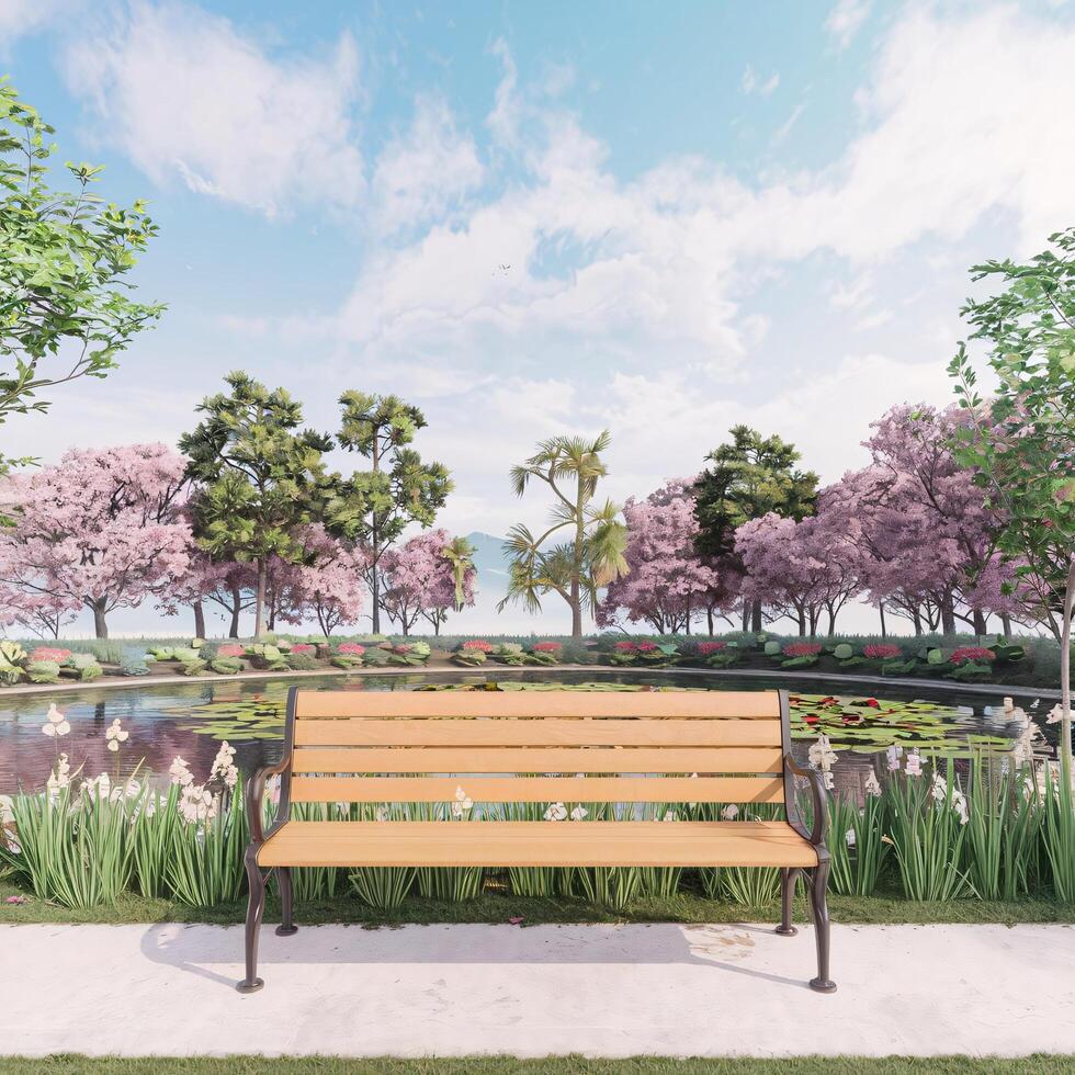 Wooden Bench in a Serene Park Setting with a Pond photo