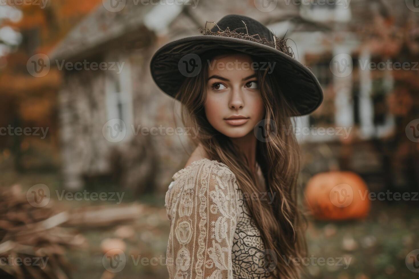 Graceful witch in an heirloom lace dress with a rustic stone cottage in the soft-focus background, cottagecore Halloween photo