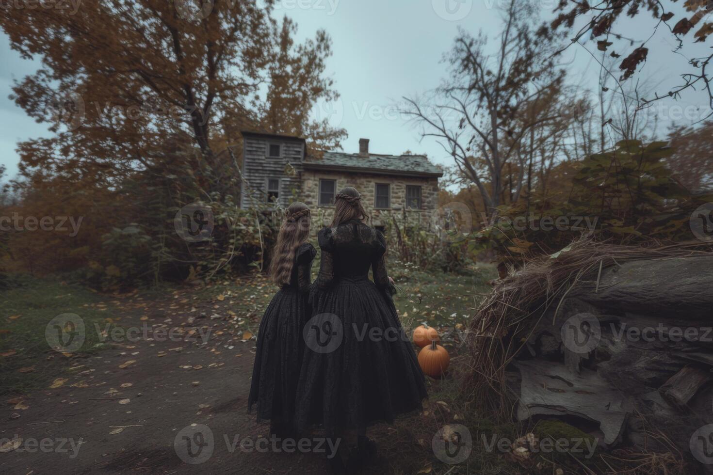 Two graceful witches in heirloom lace dresses near a rustic stone cottage with pumpkins in the background photo