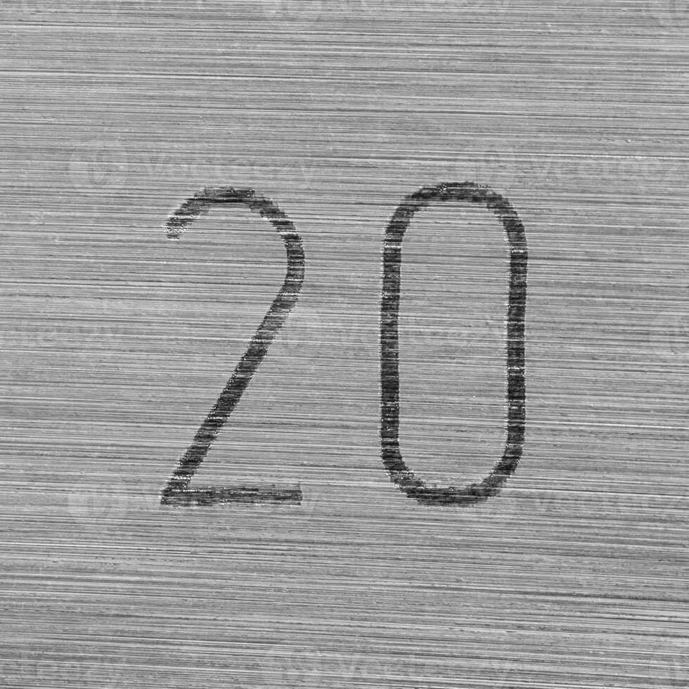 Scratched stainless steel numbers 20 or twenty on a piece metallic panel. Abstarct numeral background. photo