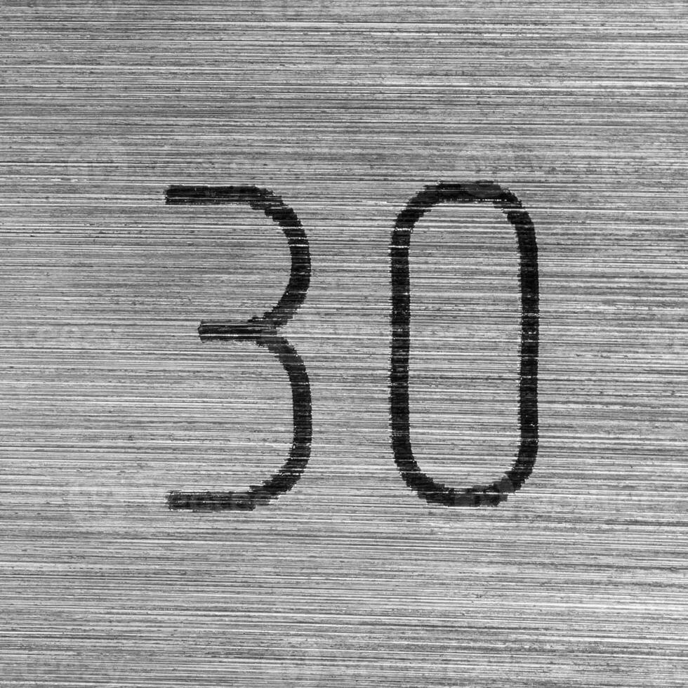 Scratched stainless steel numbers 30 or thirty four on a piece metallic panel. Abstarct numeral background photo