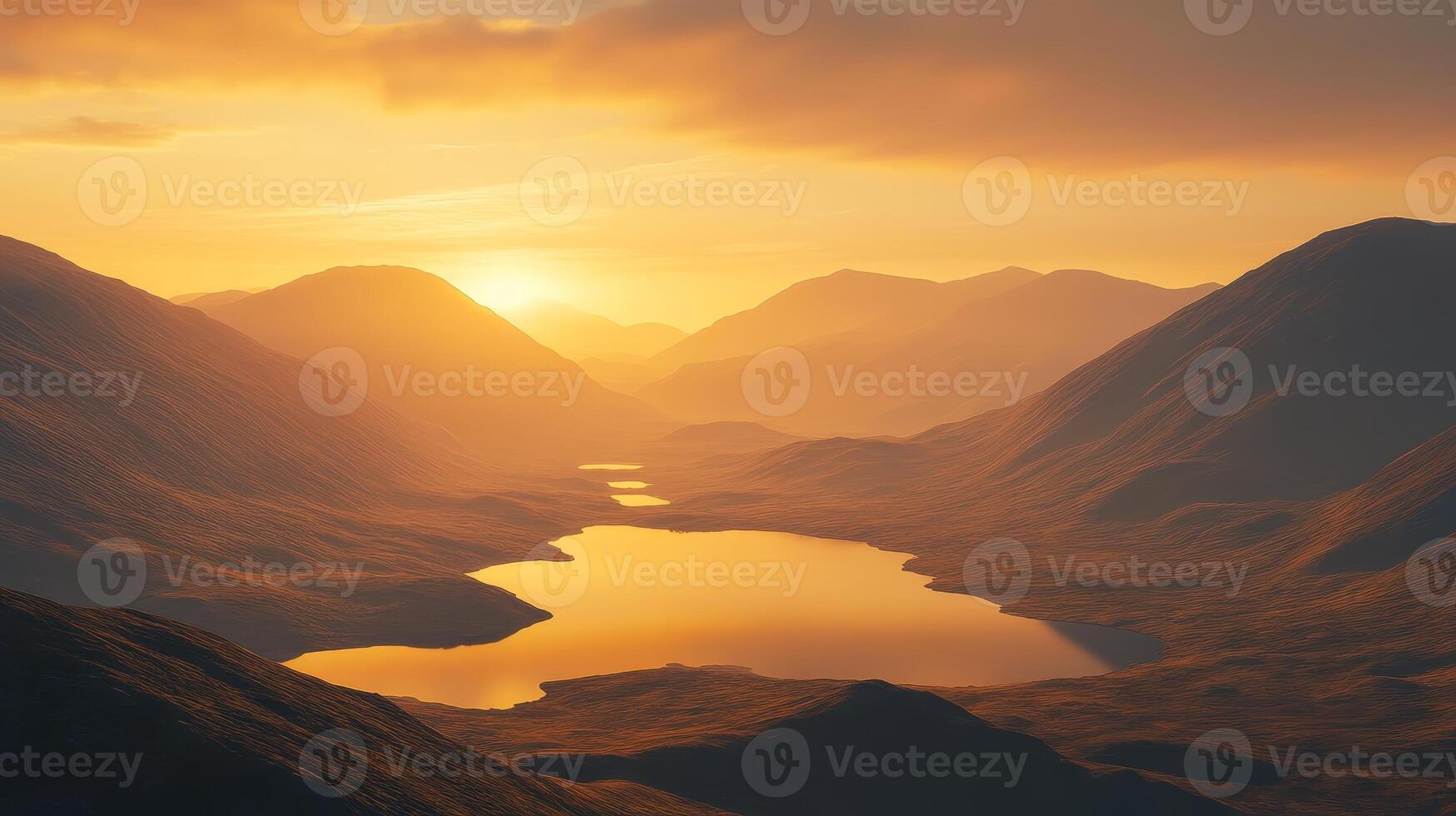 Golden Hour Mountain Lake Landscape with Dramatic Peaks photo