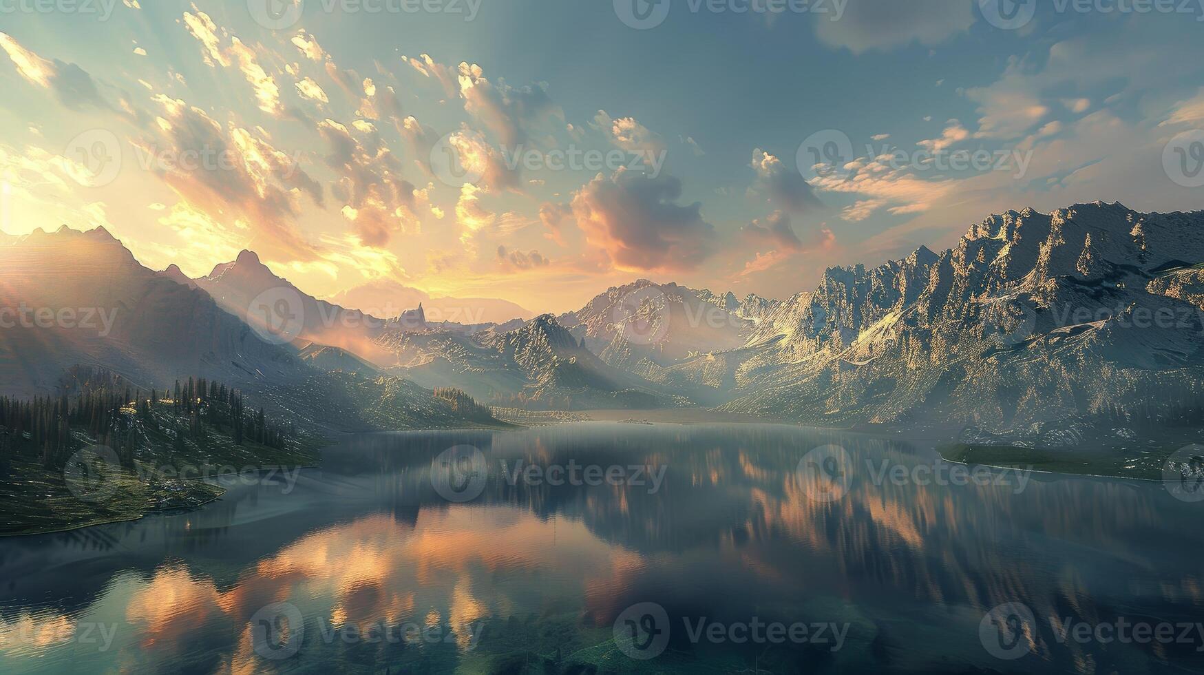Breathtaking Mountain Sunrise Landscape with Lake Reflection photo