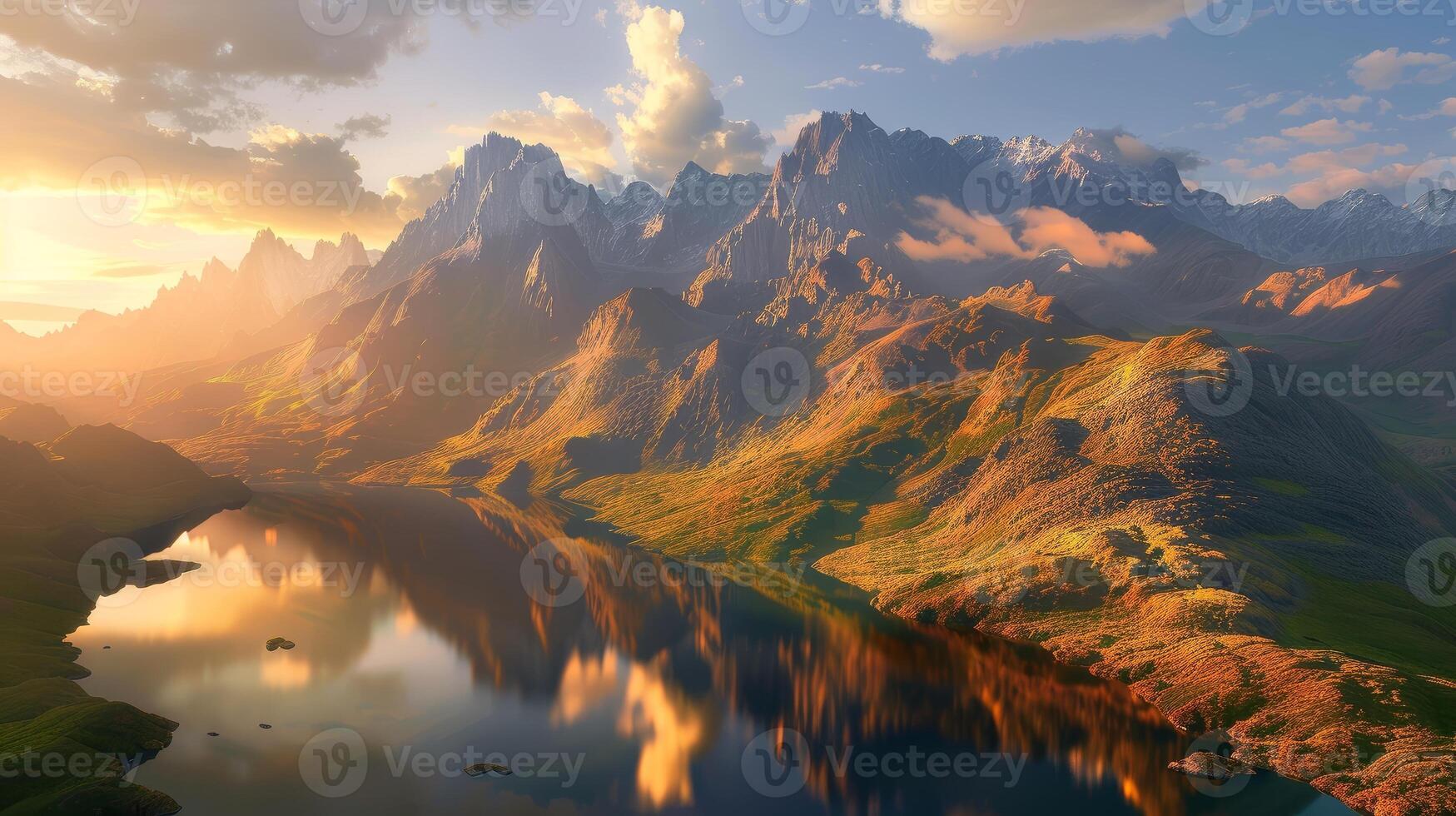 Majestic Mountain Sunrise with Serene Lake Reflection photo