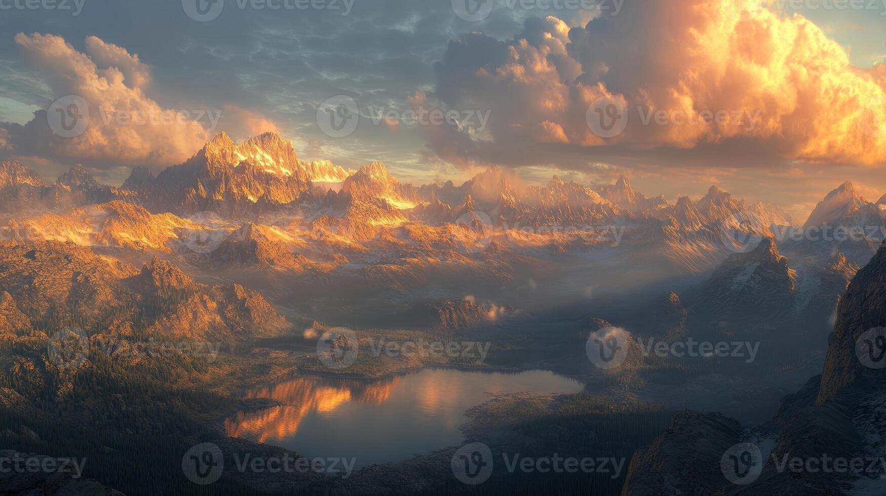 Golden Hour Mountain Landscape with Lake Reflection and Dramatic Clouds photo