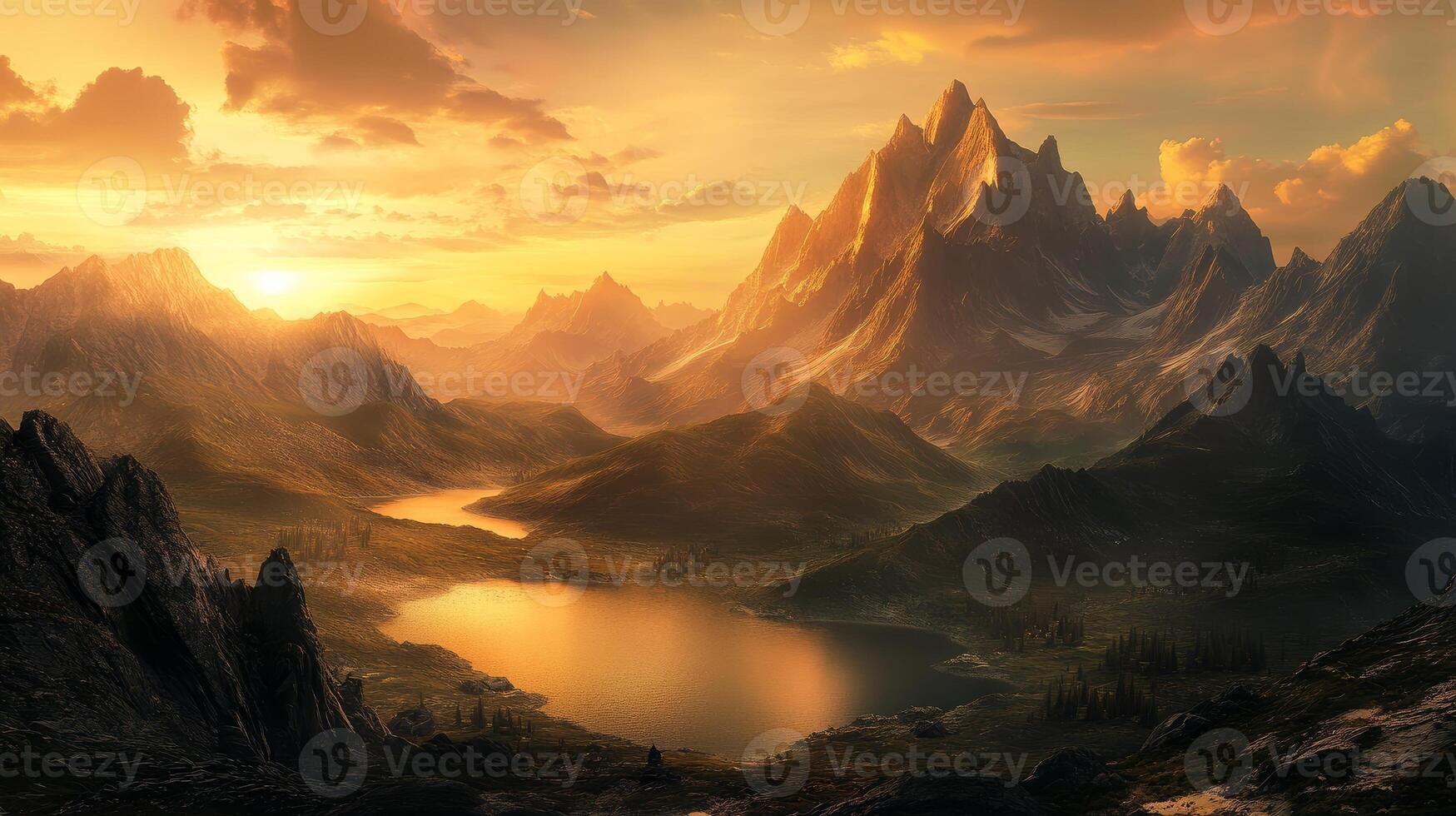 Majestic Mountain Landscape at Sunrise with Golden Light and Tranquil Lake photo