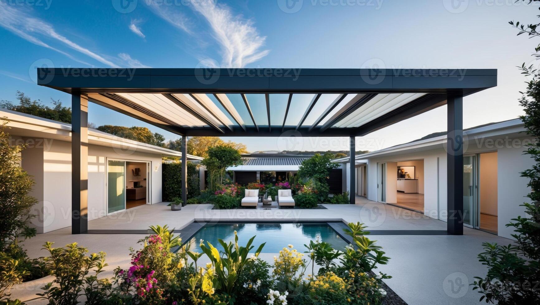 The modern home has a covered patio and pool photo
