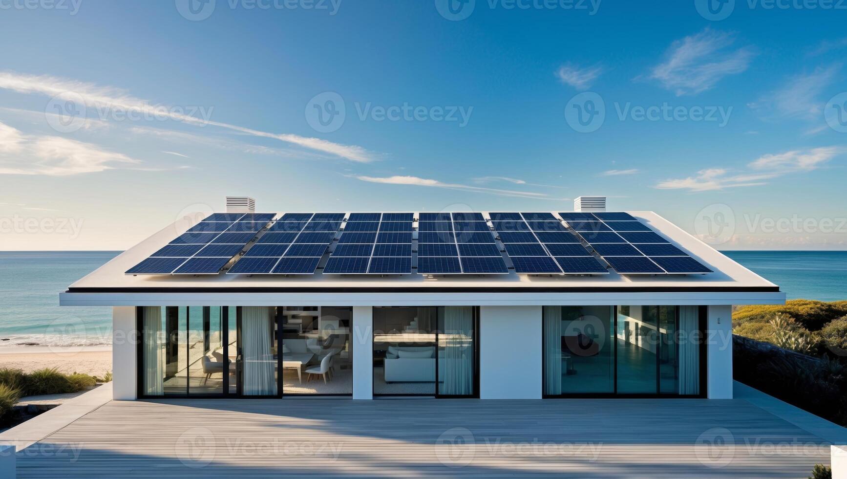 Solar panels on the roof of a modern house on the beach photo