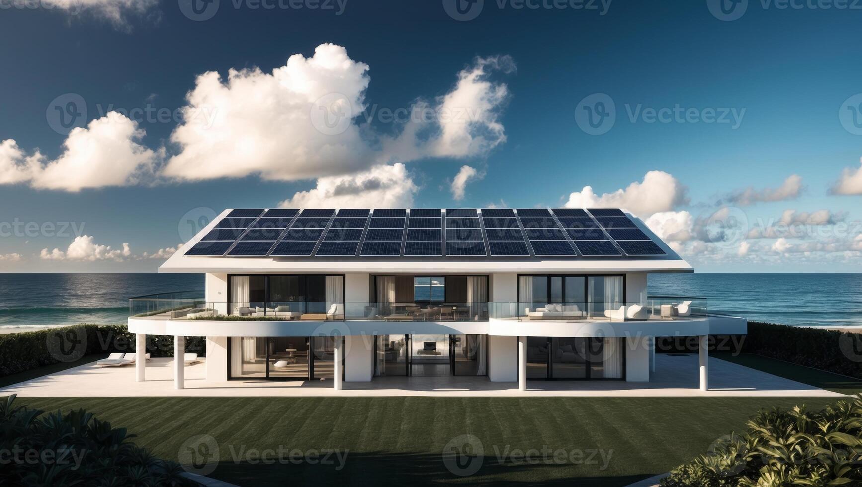 A modern house with solar panels on the roof photo
