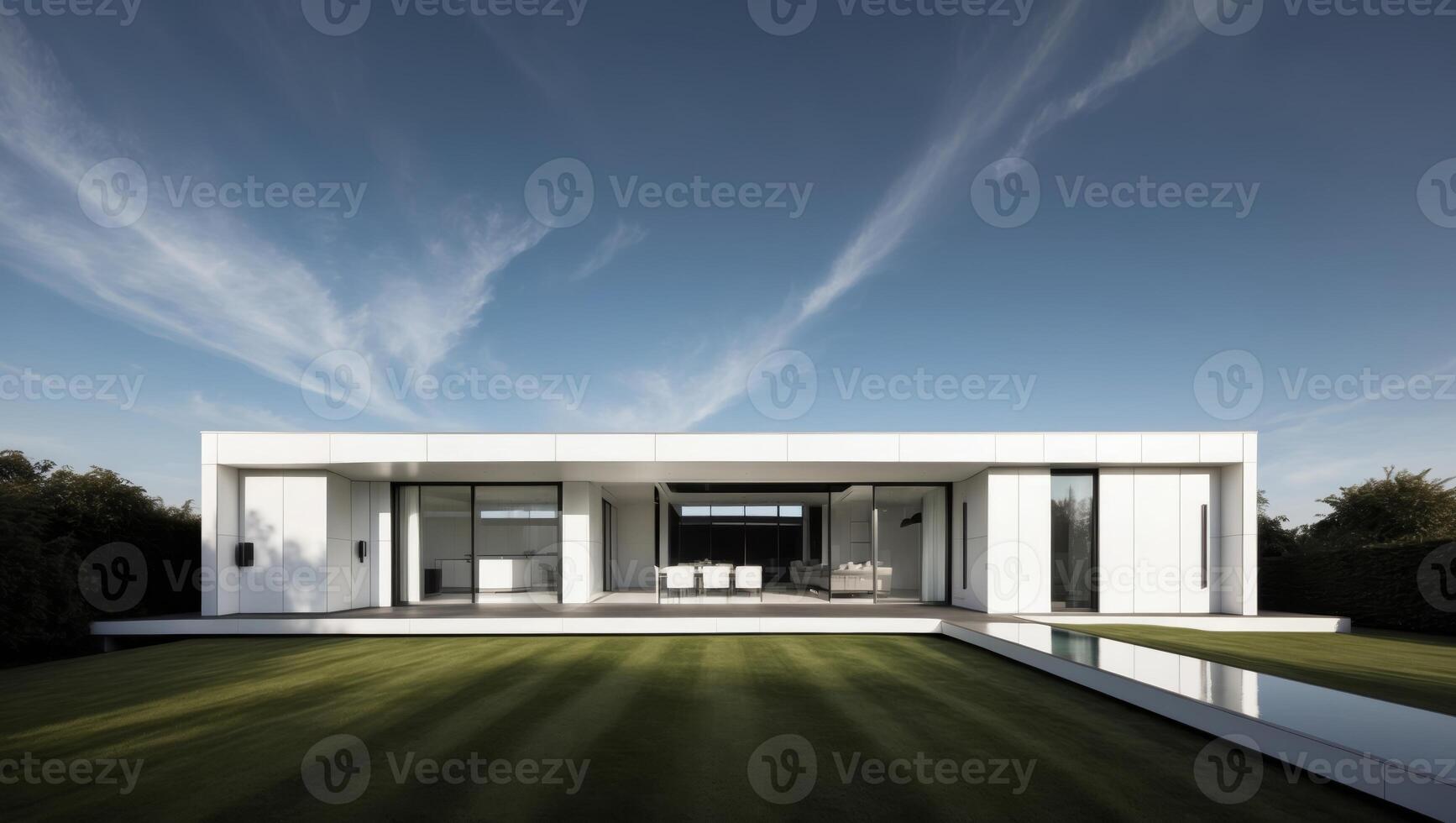 A modern white house with a grassy lawn photo