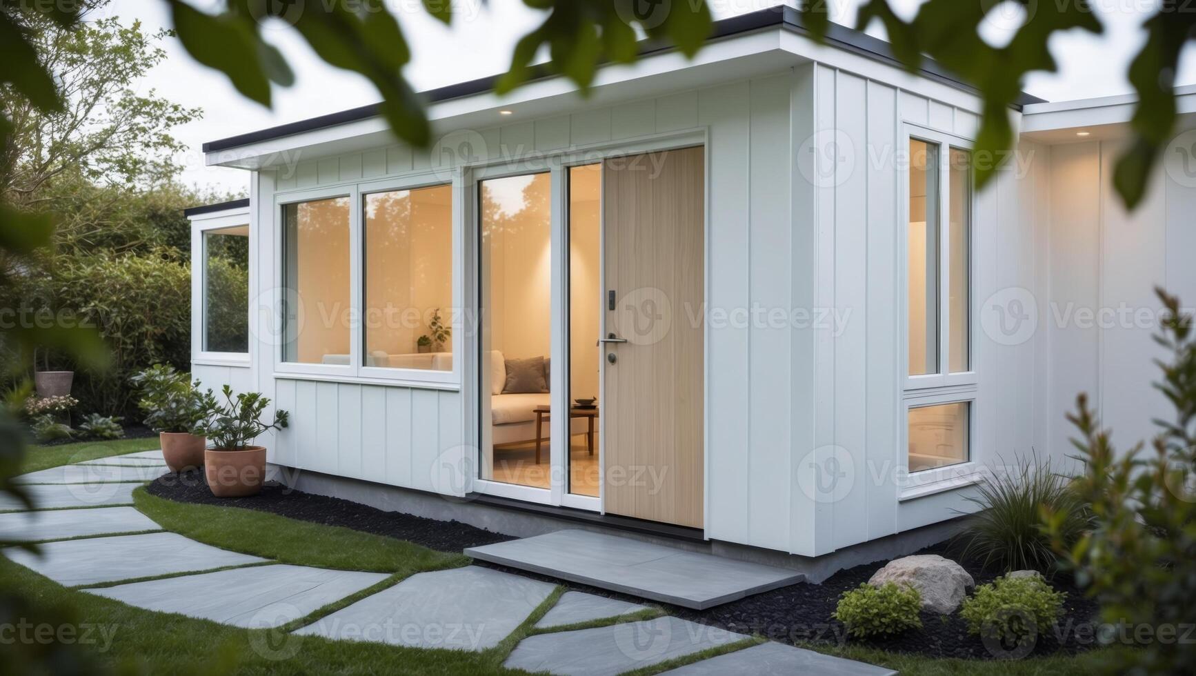 A modern tiny house with a patio and a garden photo