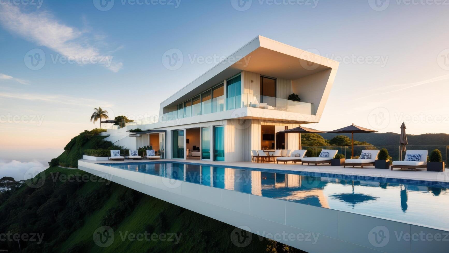 A modern house on top of a hill with a pool photo