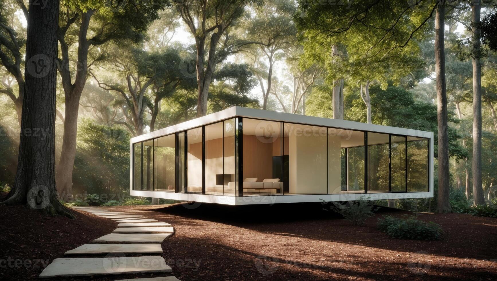 A modern house in the woods with a path leading to it photo