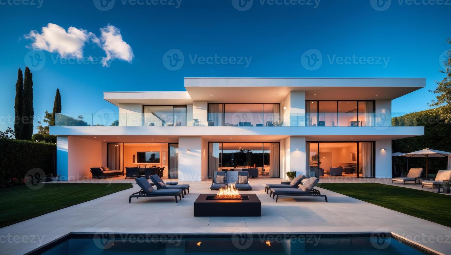 A modern home with a pool and patio photo